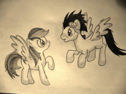 Size: 900x675 | Tagged: safe, artist:princessluna77, rainbow dash, soarin', g4, female, male, monochrome, ship:soarindash, shipping, straight, traditional art