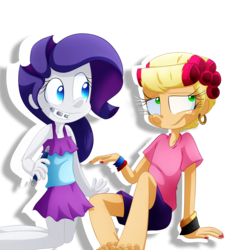 Size: 2000x2000 | Tagged: safe, artist:fj-c, applejack, rarity, equestria girls, g4, barefoot, braces, clothes, duo, ear piercing, earring, feet, hair curlers, high res, jewelry, nail polish, pajamas, piercing, toes