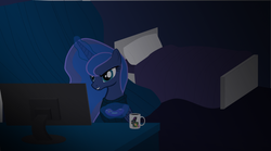 Size: 1262x703 | Tagged: safe, artist:anomalka, princess luna, alicorn, enderman, pony, zombie, gamer luna, g4, female, mare, minecraft, night, solo