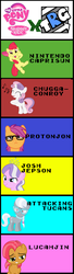 Size: 523x1929 | Tagged: safe, apple bloom, babs seed, diamond tiara, scootaloo, silver spoon, sweetie belle, g4, attackingtucans, chuggaaconroy, comparison chart, cutie mark crusaders, joshjepson, let's play, lucahjin, nintendocaprisun, protonjon, squishy cheeks, therunawayguys, veggie55, versus