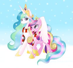 Size: 2275x2123 | Tagged: safe, artist:muchigirl, princess cadance, princess celestia, alicorn, pony, g4, clothes, duo, high res, hug, scarf, snow, snowfall, winghug