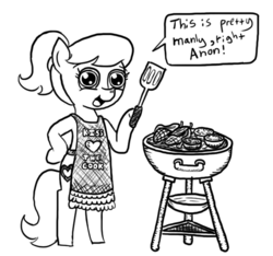 Size: 640x600 | Tagged: safe, artist:ficficponyfic, oc, oc only, oc:anon, oc:golden brisk, /mlp/, 4chan, apron, barbeque, clothes, monochrome