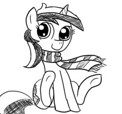 Size: 640x600 | Tagged: safe, artist:ficficponyfic, minuette, pony, unicorn, g4, clothes, female, monochrome, scarf, solo