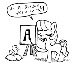 Size: 640x600 | Tagged: safe, artist:ficficponyfic, cheerilee, g4, foal, monochrome, rubber duck