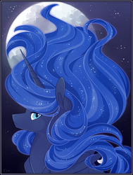 Size: 770x1020 | Tagged: safe, artist:captivelegacy, princess luna, alicorn, pony, g4, beautiful, ethereal mane, female, flowing mane, lidded eyes, looking at you, mare, moon, side view, smiling, solo, starry mane, starry tail, stars