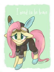 Size: 768x1024 | Tagged: safe, artist:grimlake, fluttershy, pegasus, pony, g4, blushing, bunny ears, clothes, costume, dangerous mission outfit, dirty, female, goggles, green background, hoodie, looking at you, mare, shoes, simple background, solo