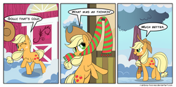 Size: 1050x520 | Tagged: safe, artist:rainbow-hooves, applejack, g4, comic, mouth hold, scarf, snow, tree, winter