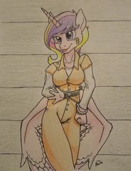 Size: 2000x2600 | Tagged: safe, artist:cyanjames2819, princess cadance, anthro, g4, bandaid, belt, bondage, bound wings, breasts, busty princess cadance, clothes, cuffs, female, high res, jumpsuit, prison, prison outfit, prisoner, shirt, smiling, solo, traditional art, undershirt