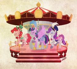 Size: 600x540 | Tagged: safe, artist:bartolomeus_, pinkie pie, rarity, twilight sparkle, alicorn, pony, g4, carousel, female, mare, twilight sparkle (alicorn)