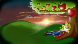 Size: 1920x1080 | Tagged: safe, applejack, equestria girls, g4, apple, apple tree, female, sitting, solo, sunset, tree, under the tree, wallpaper