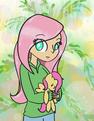 Size: 2333x3000 | Tagged: safe, artist:ytsejam58, fluttershy, human, g4, clothes, cute, female, high res, hoodie, humanized, looking at you, plushie, smiling, solo