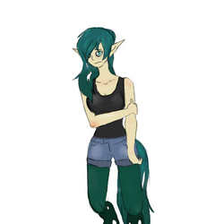 Size: 512x512 | Tagged: safe, artist:crazycat12334, oc, oc only, oc:mistake, changeling, satyr, /k/, clothes, female, offspring, parent:queen chrysalis, shorts, solo, tank top