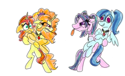 Size: 1440x880 | Tagged: safe, artist:peanutbuttersqaures, adagio dazzle, aria blaze, sonata dusk, sunset shimmer, pony, unicorn, g4, bridal carry, carrying, female, lesbian, ponified, ship:arisona, ship:sunsagio, shipping, the dazzlings, tongue out