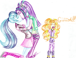 Size: 1395x1064 | Tagged: safe, artist:coilet, adagio dazzle, aria blaze, sonata dusk, human, equestria girls, g4, drawing, eyes closed, female, kiss on the lips, kissing, lesbian, open mouth, ship:arisona, shipping, surprised, the dazzlings, traditional art, wide eyes