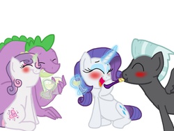 Size: 1024x768 | Tagged: safe, artist:biosonic100, rarity, spike, sweetie belle, thunderlane, dragon, pegasus, pony, unicorn, g4, alternate cutie mark, blushing, female, levitation, magic, magic aura, male, mare, older, older spike, older sweetie belle, party horn, ship:rarilane, ship:spikebelle, shipping, simple background, stallion, straight, telekinesis, unicorn magic, white background