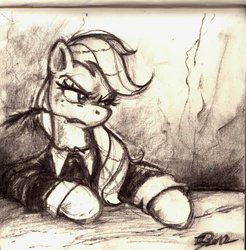 Size: 800x814 | Tagged: safe, artist:thezeo, applejack, earth pony, pony, g4, charcoal (medium), clothes, hatless, missing accessory, monochrome, serious face, traditional art, who's a silly pony