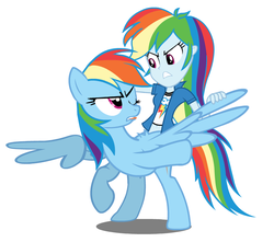 Size: 840x744 | Tagged: artist needed, safe, rainbow dash, humalos, original species, equestria girls, g4, belly button, conjoined, human ponidox, midriff, rainbow dash is not amused, simple background, this isn't even my final form, we have become one, white background