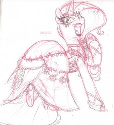 Size: 600x657 | Tagged: safe, artist:thezeo, rarity, g4, clothes, dress, eyelashes, fancy, lipstick, sketch, traditional art