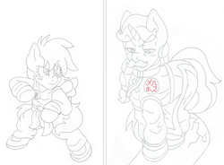 Size: 3540x2600 | Tagged: safe, artist:blackbewhite2k7, derpy hooves, flam, pony, g4, anime, bipedal, crossover, dragon ball, filly, high res, manga, parody, sketch, son goku, tao pai pai, wip, younger