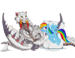 Size: 3299x2549 | Tagged: safe, artist:themacronian, rainbow dash, g4, barioth, crossover, frozen, giggi, high res, ice, ice cube, monster hunter