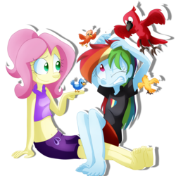 Size: 2000x2000 | Tagged: safe, artist:fj-c, fluttershy, rainbow dash, bird, equestria girls, g4, abuse, barefoot, belly button, clothes, dashabuse, feet, high res, midriff, pajamas, toes