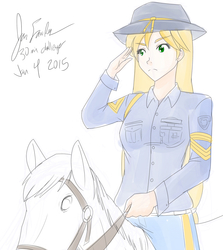 Size: 1280x1433 | Tagged: safe, artist:jonfawkes, applejack, horse, human, g4, 30 minute art challenge, cavalry, cavalry stetson, cowboy hat, hat, humanized, humans riding horses, riding, salute, stetson