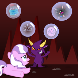 Size: 1000x1000 | Tagged: safe, artist:magerblutooth, diamond tiara, oc, oc:dazzle, oc:il, cat, demon, earth pony, imp, pony, comic:diamond and dazzle, g4, blank flank, butt, cutie mark, female, filly, foal, plot, tiara, voice