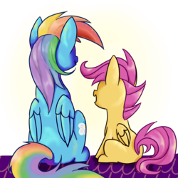 Size: 2000x2000 | Tagged: dead source, safe, artist:shiro-jinja, rainbow dash, scootaloo, pegasus, pony, g4, best sisters, blank flank, female, filly, foal, folded wings, high res, mare, open mouth, rear view, rooftop, scootalove, signature, sitting, wings