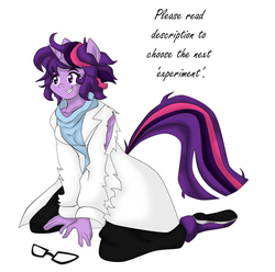 Size: 1455x1445 | Tagged: source needed, safe, artist:mad'n evil, sci-twi, twilight sparkle, anthro, g4, aftermath, clothes, evil smile, glasses, glasses off, mad smile, torn clothes