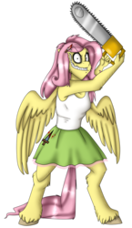 Size: 1081x1864 | Tagged: safe, artist:namyg, fluttershy, anthro, unguligrade anthro, .mov, shed.mov, g4, chainsaw, clothes, equestria girls outfit, female, fluttershed, pony.mov, scene interpretation, skirt, solo