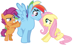 Size: 1372x816 | Tagged: safe, artist:dilemmas4u, fluttershy, rainbow dash, scootaloo, g4, female, half r63 shipping, male, rainbow blitz, rule 63, scooteroll, ship:flutterblitz, shipper on deck, shipping, show accurate, simple background, straight, transparent background