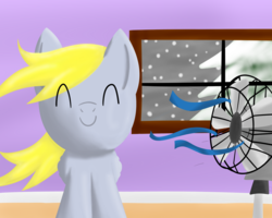 Size: 2500x2000 | Tagged: safe, artist:yuradhear, derpy hooves, pegasus, pony, g4, female, high res, mare, smiling, snow, snowfall, solo, window, windswept mane, wings, winter