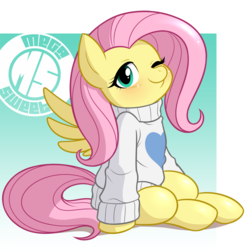Size: 1271x1271 | Tagged: safe, artist:megasweet, fluttershy, pegasus, pony, g4, blushing, clothes, cute, female, mare, one eye closed, shyabetes, sitting, smiling, solo, sweater, sweatershy, wink