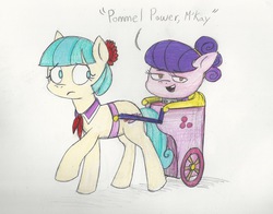 Size: 1280x1005 | Tagged: dead source, safe, artist:pamperponiesnparts, coco pommel, suri polomare, earth pony, pony, g4, ask, cart, dialogue, disembodied head, female, horses doing horse things, mare, pulling, traditional art, tumblr