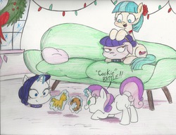 Size: 1280x989 | Tagged: dead source, safe, artist:pamperponiesnparts, coco pommel, rarity, suri polomare, sweetie belle, earth pony, pony, unicorn, g4, blushing, butt, couch, dialogue, disembodied head, female, filly, foal, hearth's warming eve, levitation, magic, plot, telekinesis, traditional art