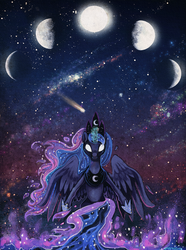 Size: 998x1342 | Tagged: dead source, safe, artist:matrosha123, princess luna, alicorn, pony, g4, comet, epic, female, glowing eyes, glowing horn, horn, jewelry, looking at you, lunar phases, magic, magic aura, mare, moon, night, night sky, regalia, sky, solo, space, stars, white eyes