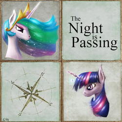 Size: 1400x1400 | Tagged: source needed, useless source url, safe, artist:akurion, princess celestia, twilight sparkle, alicorn, pony, unicorn, fanfic:the night is passing, g4, bust, celestia's crown, compass rose, cover, crown, cut, ear fluff, ear piercing, ethereal mane, eyeshadow, fanfic, fanfic art, fanfic cover, female, frown, grumpy, horn, horn jewelry, injured, jewelry, makeup, mare, messy mane, piercing, portrait, purple eyes, regalia, shiny, signature, text, tired, unicorn twilight