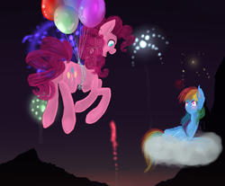 Size: 822x680 | Tagged: safe, artist:psychotwi, pinkie pie, rainbow dash, g4, balloon, cloud, crying, female, fireworks, lesbian, ship:pinkiedash, shipping, then watch her balloons lift her up to the sky