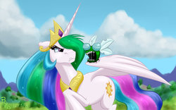 Size: 1024x638 | Tagged: safe, artist:ravenousdrake, princess celestia, alicorn, parasprite, pony, g4, angry, annoyed, cloud, cloudy, female, nose wrinkle, solo