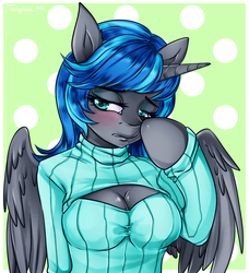 Size: 2100x2300 | Tagged: safe, artist:twigileia, oc, oc only, alicorn, anthro, alicorn oc, anthro oc, arm hooves, blushing, boob window, cleavage, clothes, female, high res, keyhole turtleneck, open-chest sweater, solo, sweater, turtleneck