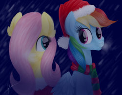 Size: 1024x800 | Tagged: safe, artist:mistyasha, fluttershy, rainbow dash, g4, happy new year, snow, snowfall