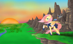 Size: 1280x767 | Tagged: safe, artist:queensdaughters, fluttershy, g4, armor, axe, badass, battle axe, female, flutterbadass, forest, halberd, mountain, river, scenery, solo, sunset, windswept mane