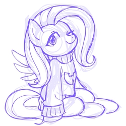 Size: 1280x1280 | Tagged: safe, artist:megasweet, fluttershy, g4, clothes, cute, female, monochrome, shyabetes, simple background, sitting, sketch, smiling, solo, sweater, sweatershy, wink, wu-tang clan