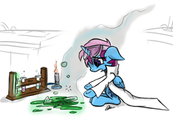 Size: 1748x1240 | Tagged: safe, artist:mrasianhappydude, oc, oc only, oc:parcly taxel, alicorn, pony, alicorn oc, broken, bunsen burner, chemistry, clothes, goggles, lab coat, science, solo, test tube