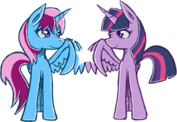 Size: 1081x743 | Tagged: safe, artist:appledash00, twilight sparkle, oc, oc:parcly taxel, alicorn, pony, g4, alicorn oc, comparison, high wing, twilight sparkle (alicorn)
