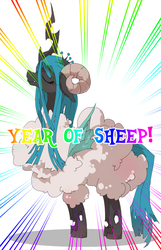 Size: 800x1244 | Tagged: safe, artist:kolshica, queen chrysalis, sheep, g4, clothes, costume, eyes closed, female, solo, year of the sheep