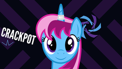 Size: 1920x1080 | Tagged: safe, artist:parclytaxel, edit, oc, oc only, oc:parcly taxel, pony, unicorn, crackpot, horn, horn ring, looking at you, self deprecation, smiling, solo, vector, wallpaper