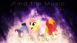 Size: 1920x1080 | Tagged: safe, artist:mithandir730, big macintosh, fluttershy, rarity, toe-tapper, torch song, earth pony, pony, g4, eyes closed, glowing, male, music notes, ponytones, ponytones outfit, singing, song reference, stallion, vector, wallpaper