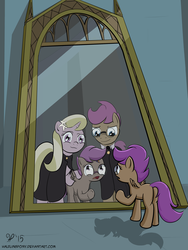 Size: 1800x2400 | Tagged: safe, artist:halflingpony, lily, lily valley, scootaloo, pegasus, pony, g4, butt, female, filly, foal, harry potter, harry potter (series), mirror, mirror of erised, parent, plot, trio