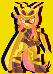 Size: 582x800 | Tagged: safe, artist:opya, fluttershy, pony, g4, armor, badass, bipedal, clothes, costume, flutterbadass